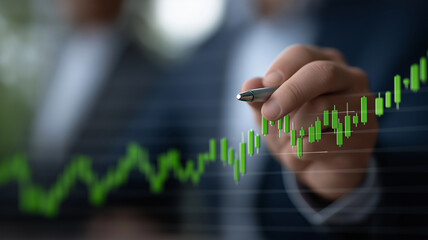 Corporate office scene with professional analyzing upward financial trends on futuristic holographic screen filled with investment charts, market data, and dynamic growth indicators,finance, investmen