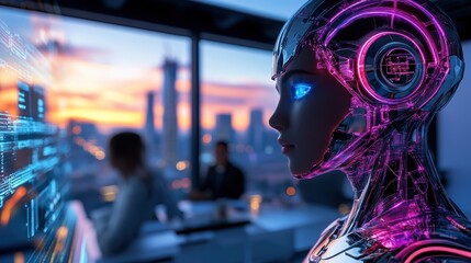 Female robot programming at modern office during sunset