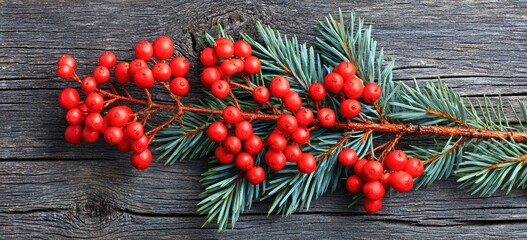 Red berries and pine branches on a rustic wooden surface