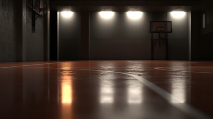 Fototapeta premium Interior view of a dimly lit basketball court.