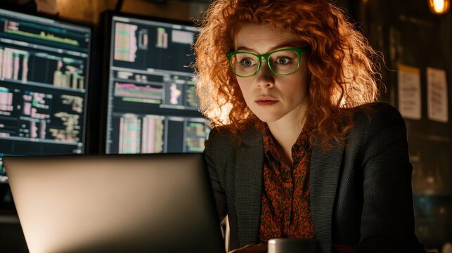 Concerned woman working late at office with laptop and monitors