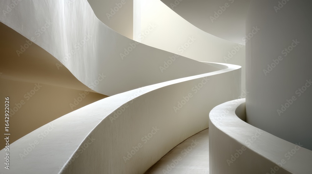 Poster elegant white curved wall panels with soft shadows creating a modern minimalist architectural interi