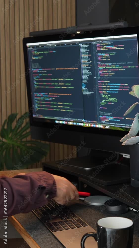 Poster it engineer working with code on a dual-screen setup. vertical video captures the modern tech enviro
