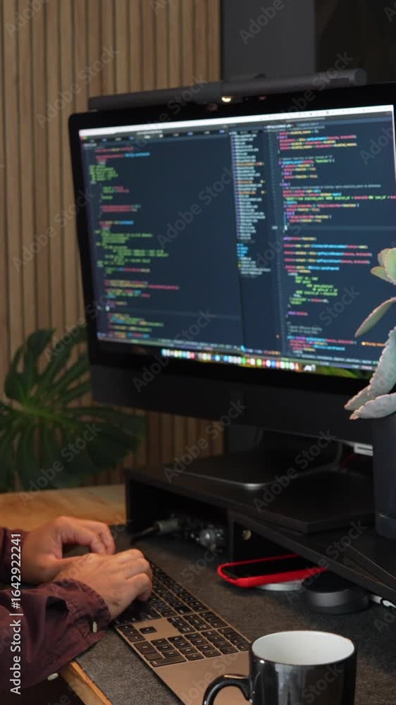 Poster a focused it engineer typing on a sleek keyboard. vertical video captures coding on dual monitors, c