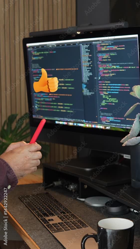 Poster vertical video showcasing a close-up shot of an it support specialist engaging with code on a dual-s