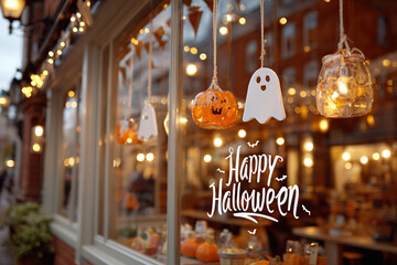 Festive decorations create a cozy Halloween atmosphere at a charming storefront