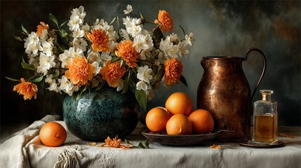 Citrus �� sinensis & Mangifera indica Arrangement with Cupric Oxide Thin-Film Interference on Barium Sulfate Backdrop

