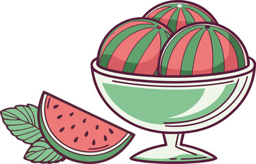 Cartoon vector illustration of vanilla ice cream sundae with red cherry