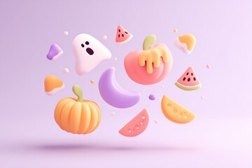 Colorful playful fruit and ghost shapes in a whimsical arrangement on a pastel background
