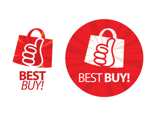 Best buy sign and sticker design with thumbs up element 