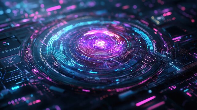 Glowing circular technological interface in abstract digital environment