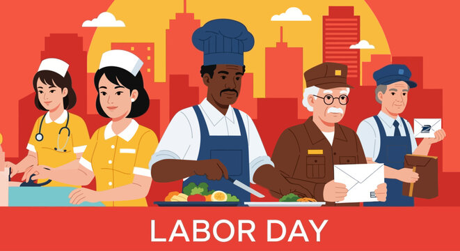 Labor Day celebration featuring nurses, chef, soldier, and mail carrier, a tribute to essential workers - Powered by Adobe