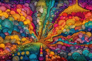 Vibrant, abstract, colorful artwork resembling clusters of mushrooms, with swirling, flowing details