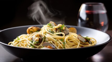 Close-up of steaming hot spaghetti alle vongole, rustic black bowl and elegant wine glass, moody food photography.