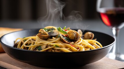 Close-up of steaming hot spaghetti alle vongole, rustic black bowl and elegant wine glass, moody food photography.