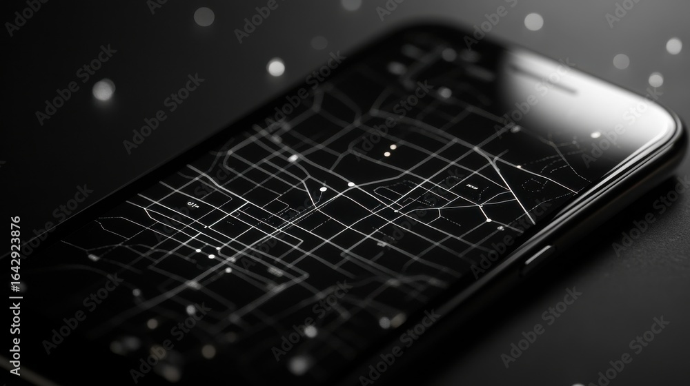 Poster smartphone displaying map application on dark surface at night