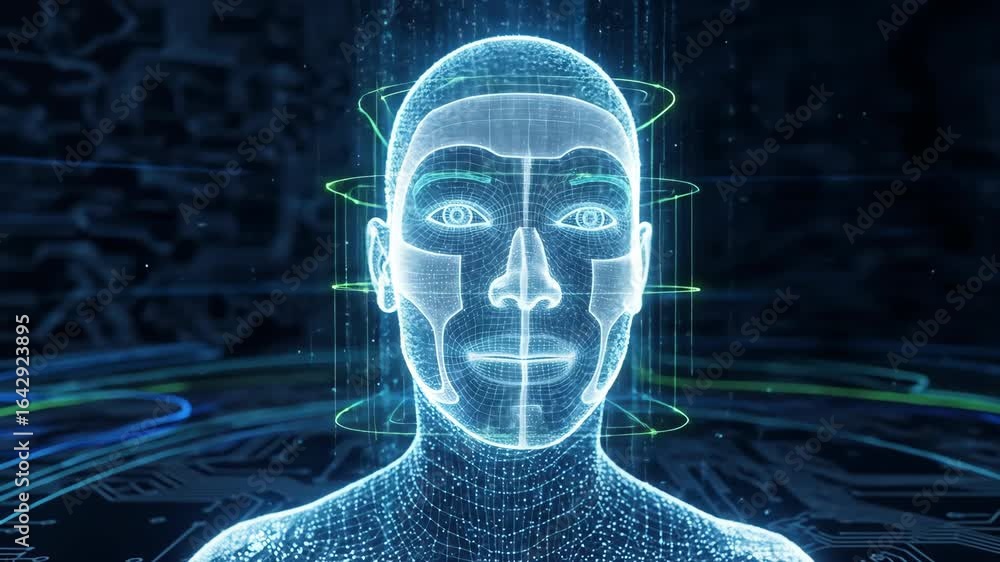 Poster digital wireframe man animating on circuit board background. artificial intelligence, biometric and 