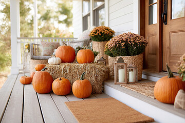 Cozy autumn porch decorated with pumpkins and flowers in a warm afternoon light