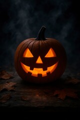 Fototapeta premium Glowing Jack-o'-Lantern with Fog and Leaves on Wooden Table