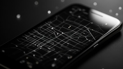 Smartphone displaying map application on dark surface at night