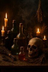 Witchcraft Table with Skull, Candles and Potions