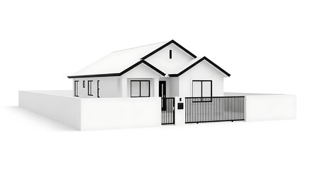 Modern minimalist house design white exterior black trim fence gate architecture home real estate property 3d render