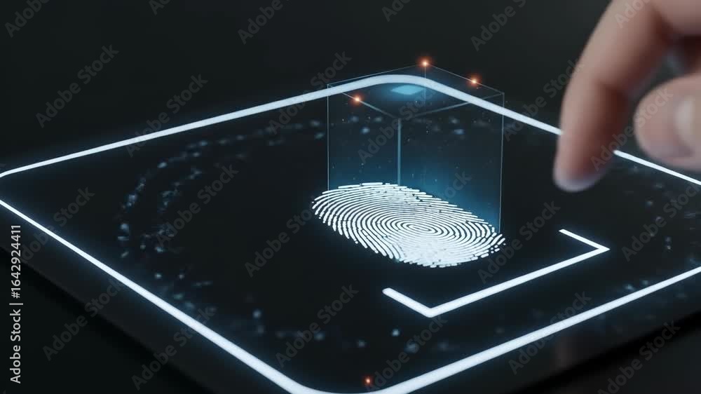 Poster fingerprint identification scanning process with human hand. digital biometric security and personal