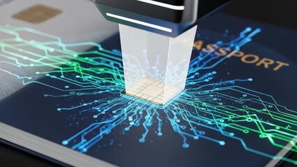 Reader scanning microchip on passport with data lines spreading. Biometric identification for secure travel technology footage. - Powered by Adobe