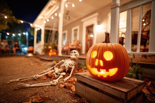 Halloween decoration with a carved pumpkin and skeleton at a cozy outdoor setting