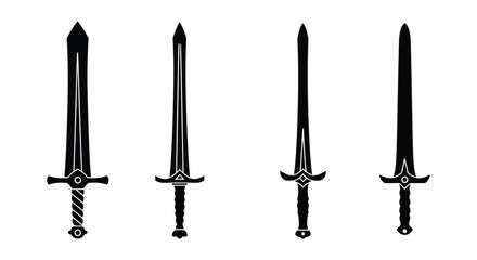 Four Black Sword Silhouettes Standing in a Row on a White Background