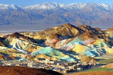 Colorful mountains with a town nestled at their base, snow-capped peaks in the distance