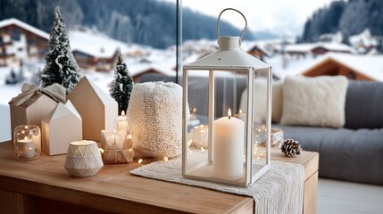 Cozy winter scene in a mountain cabin with snowcovered cottages and glowing lanterns creating a warm festive atmosphere for holiday celebrations and christmas card imagery