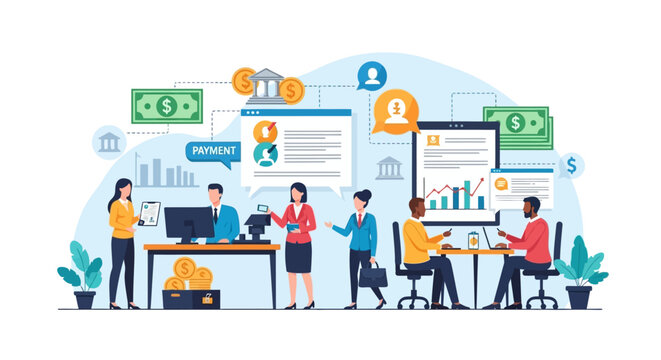 Financial team analyzing payment processing and market trends in modern office environment