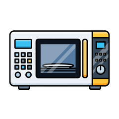 A cartoon-style illustration of a white microwave oven with a glass door and control panels.