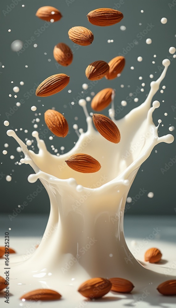 Poster almonds splashing into milk in bright studio setting