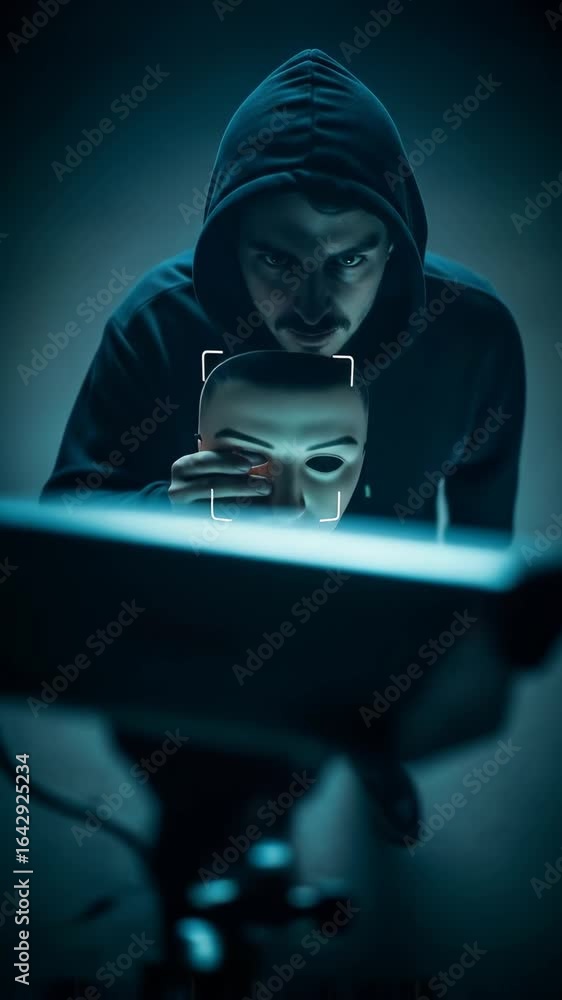 Poster man in hoodie holding anonymous mask over laptop with scanning effect for digital identity theft con