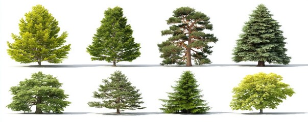 Nine diverse tree types, isolated on white background