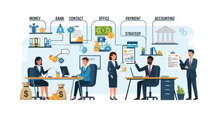 Diverse team collaborating on financial strategy and business growth in modern office setting