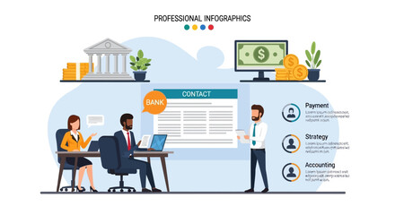 Professional bank team collaborates to achieve financial accounting strategy and payment goals