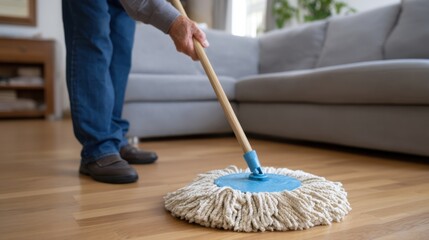 Elderly person using a traditional string mop to clean a living room wooden floor, representing active aging.