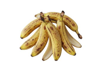 Ultra realistic, top-down view of a small pile of discarded banana peels with varying brown spots and organic textures, against a clean transparent background, isolated subject, concept of organic