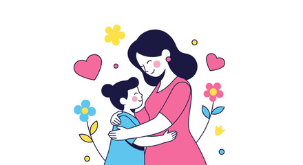 Sweet mother and daughter embracing with love hearts and flowers for Mother's Day projects