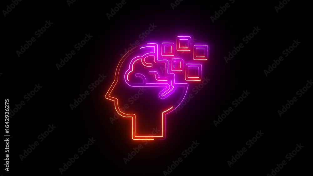 Aufkleber neon artificial intelligence with human head, brain, and digital blocks representing ai, machine lea