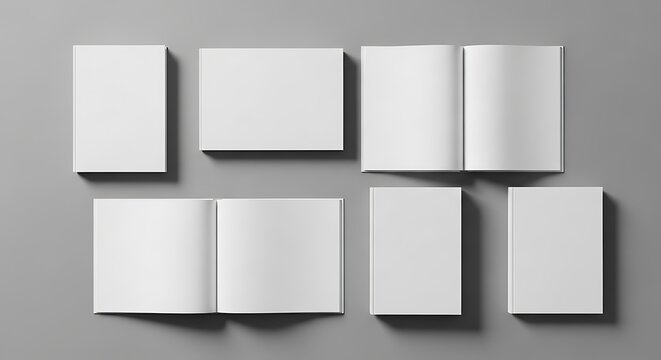 Collection of blank white books and pages in various open and closed states