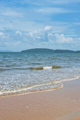 
Thailand - Krabi - Ao Nang Beach July 27th 2025. This was on a beautiful morning during the wet season. The Andaman sea during the low season surrounded by beautiful mountains.