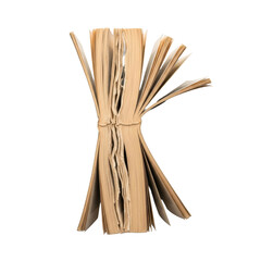 Aged, well-worn paperback book lying face down with a severely broken spine and fanned, yellowed pages, on a pristine transparent studio background, top-down flat lay, concept of extensive use