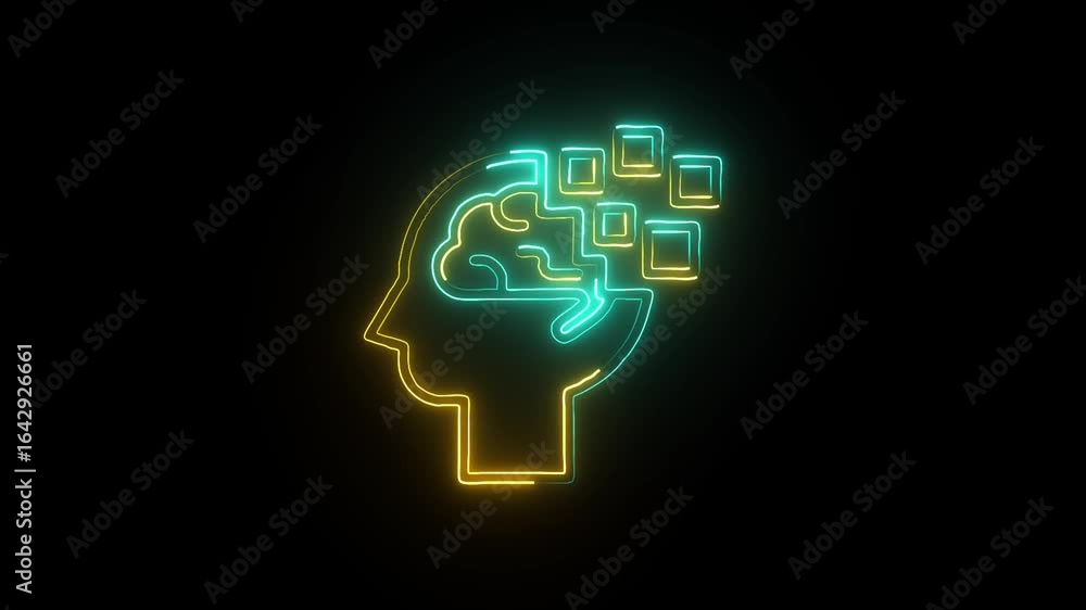 Poster neon artificial intelligence with human head, brain, and digital blocks representing ai, machine lea