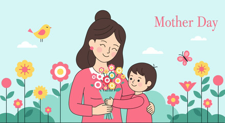 Happy Mother's Day with loving son giving flowers to mom in garden illustration for greeting cards