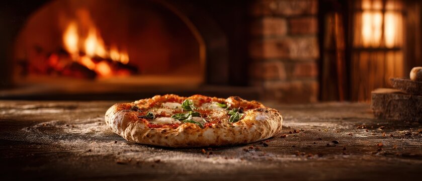 The freshly baked pizza with herbs and cheese in a rustic setting. - Powered by Adobe