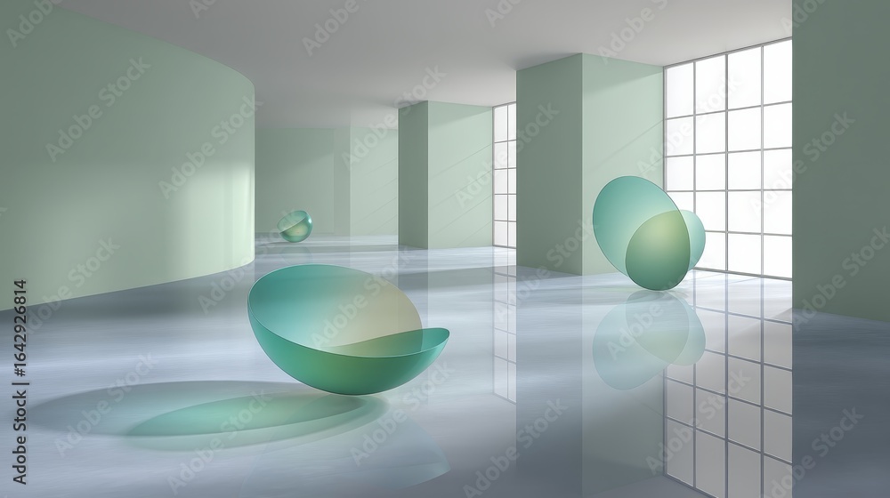 Poster futuristic abstract 3d render of layered translucent shapes blending technology with art in a softly